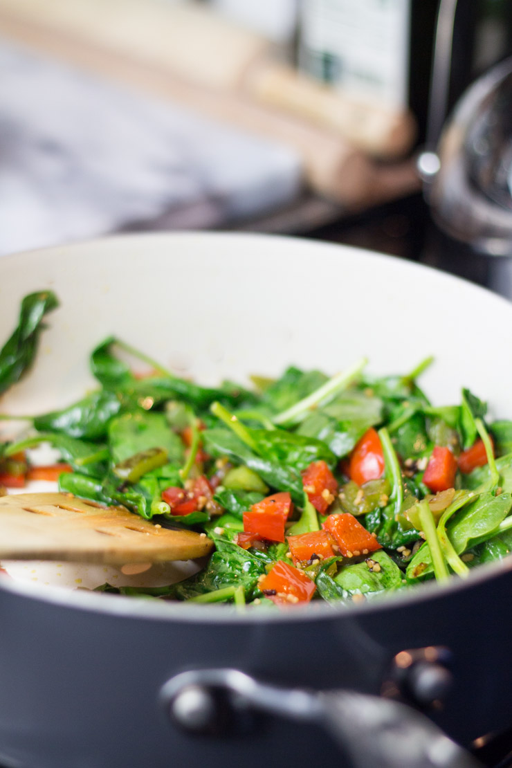 Sautéeing Spinach, Shallots, Peppers and Garlic