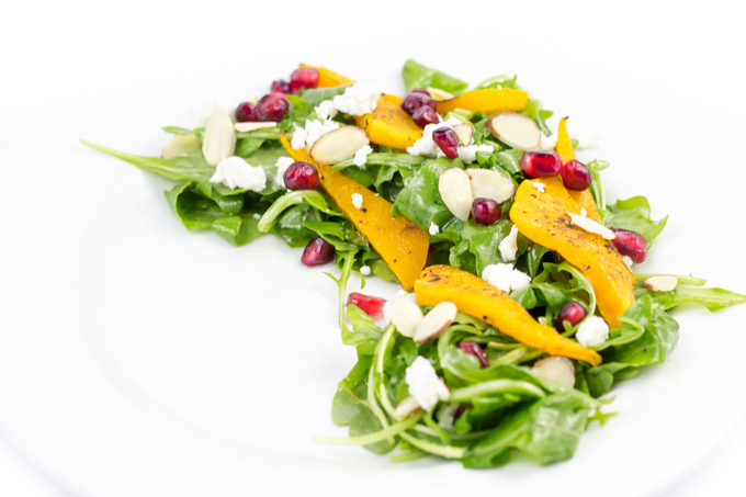 Salad with Pomegranate, Butternut, Goat Cheese, Almond with White Balsamic Vinaigrette