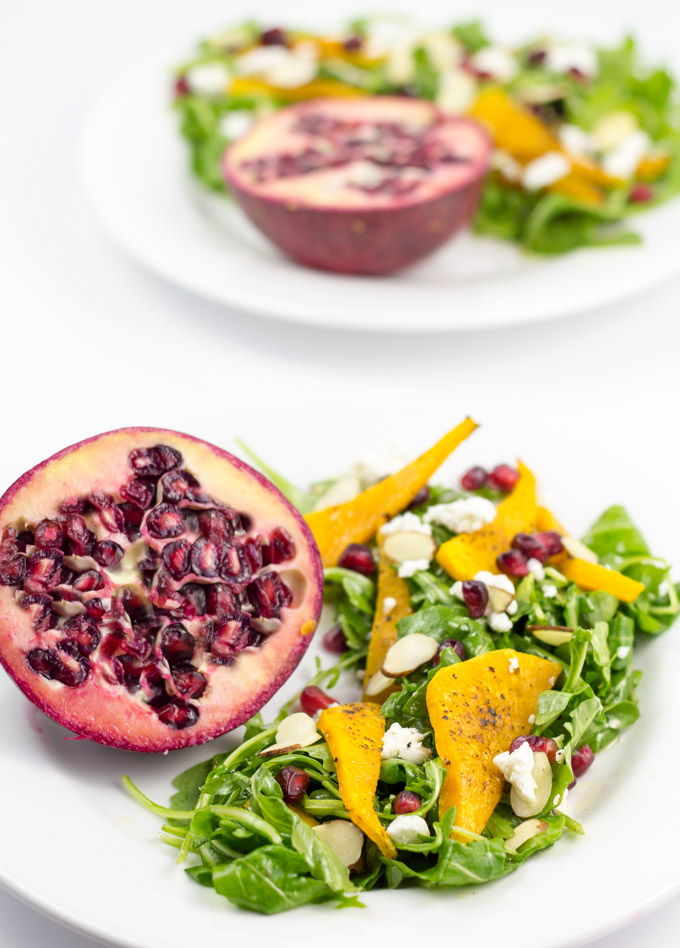 Salad with Pomegranate, Butternut, Goat Cheese, Almond with White Balsamic Vinaigrette