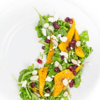 Salad with Pomegranate, Butternut, Goat Cheese, Almond with White Balsamic Vinaigrette