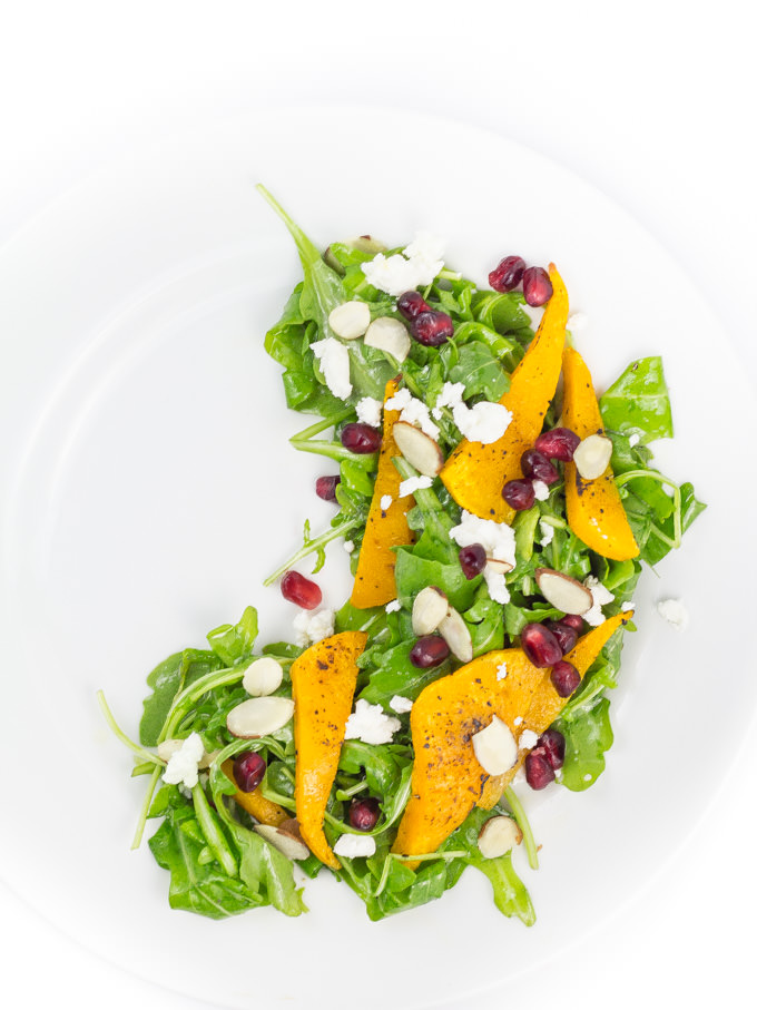 Salad with Pomegranate, Butternut, Goat Cheese, Almond with White Balsamic Vinaigrette