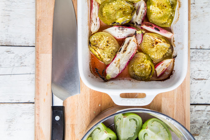 Roasted Tomatillos and Radishes - SouthernFATTY.com