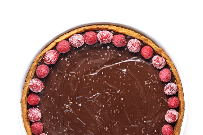 Simple Chocolate Ganache Tart with Sugared Raspberries