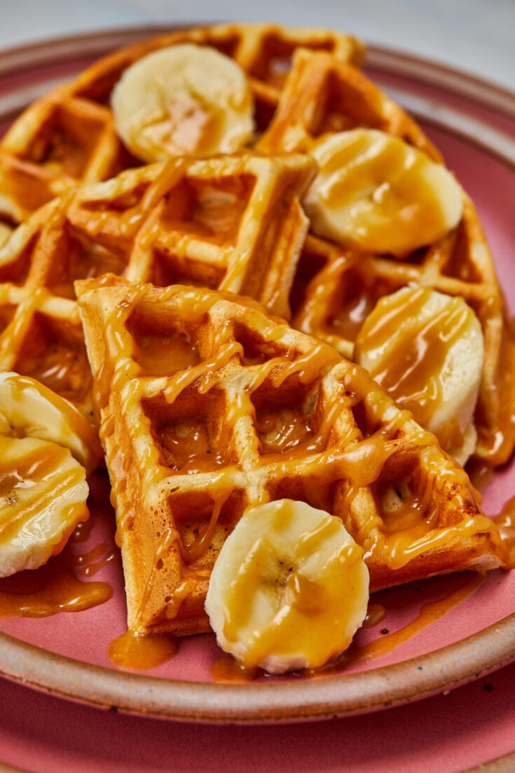 Peanut Butter Waffles + Maple Caramel Bananas